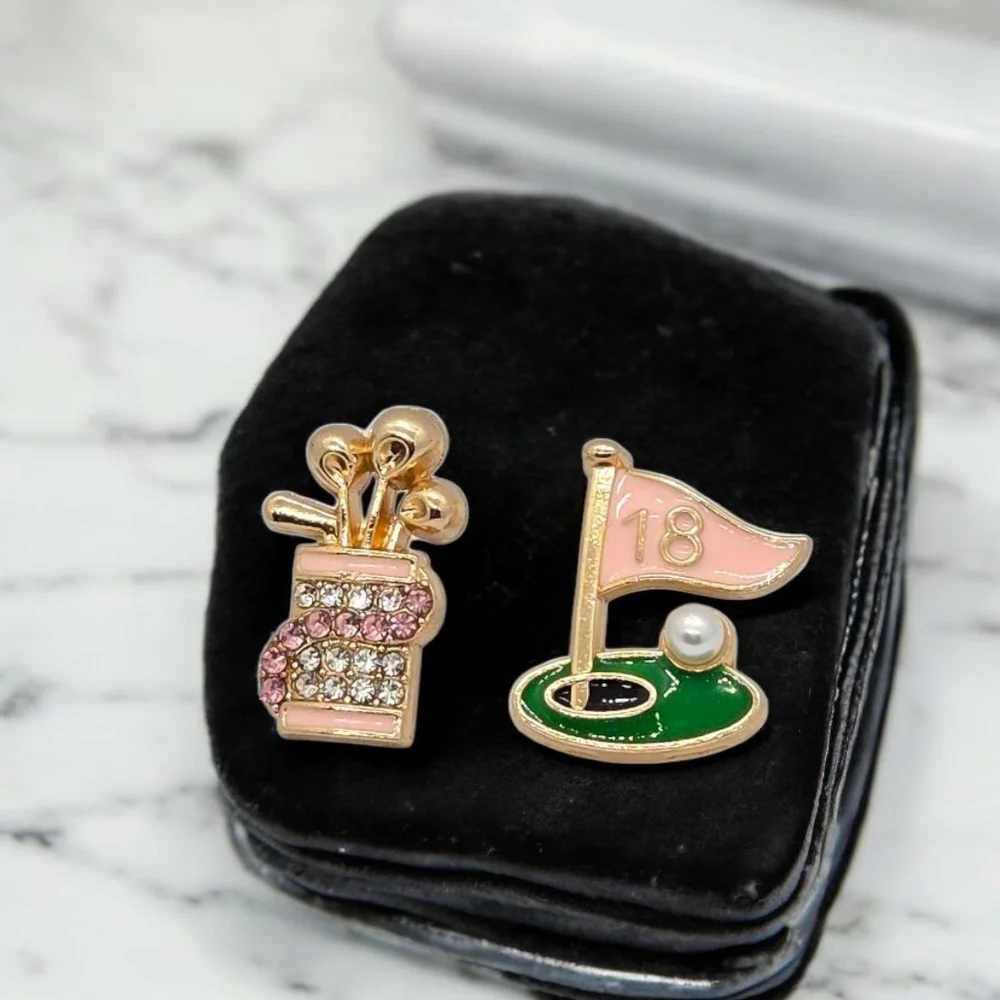 Golf Stud Earrings Pink Rhinestone Caddy Bag 18th Hole Flag Pearl Golfer Gift